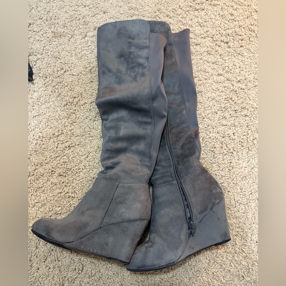 Over the knee Gray Suede Wedge Boots